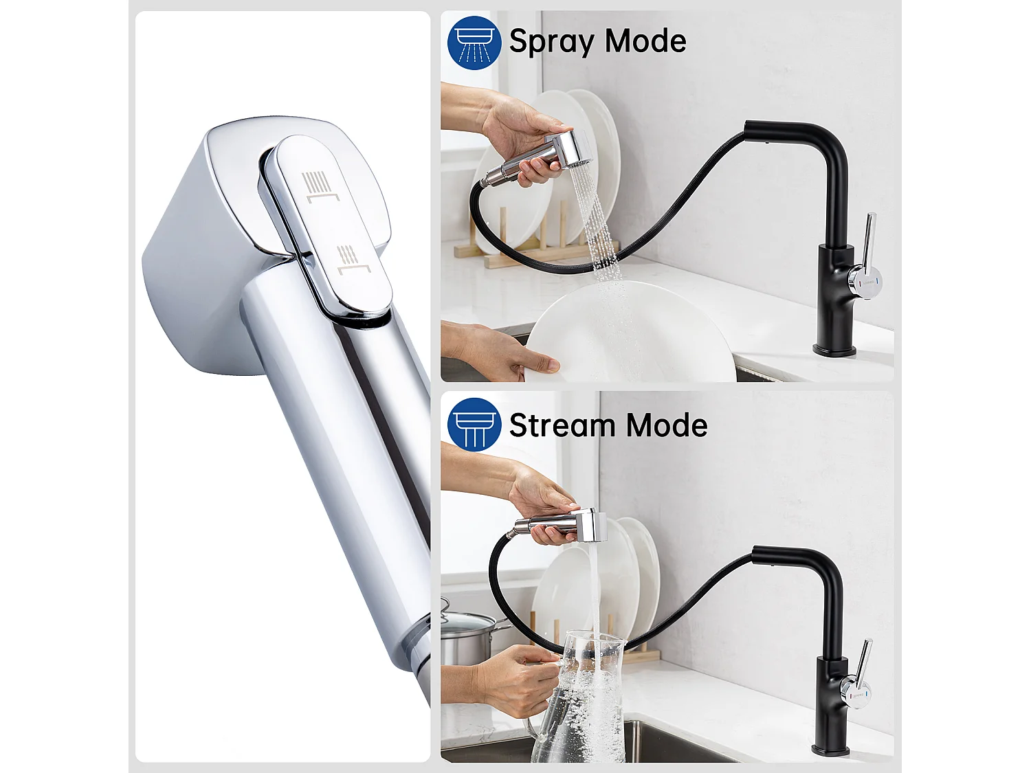 Lonheo Max Keukenkraan Zwart met 40 CM Uittrekbare Handdouche Keukenmengkraan 2 Jets Koud/Warm Water Wastafelmengkraan Keuken, EU Model