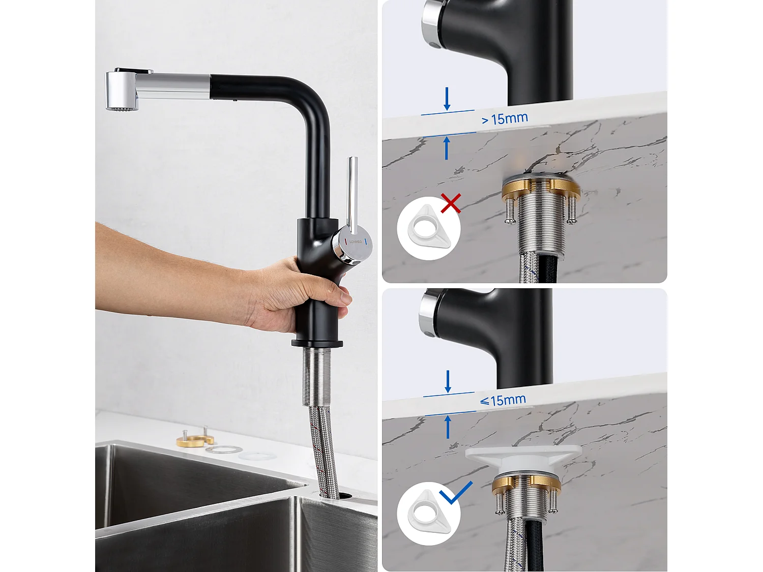 Lonheo Max Keukenkraan Zwart met 40 CM Uittrekbare Handdouche Keukenmengkraan 2 Jets Koud/Warm Water Wastafelmengkraan Keuken, EU Model