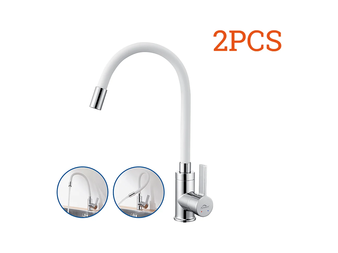 2pcs Robinet de Cuisine Flexible Bec Haut Orientable Librement Mitigeur Évier Laiton Robinet Evier Monotrou à Eau Chaude et Froide,Blanc