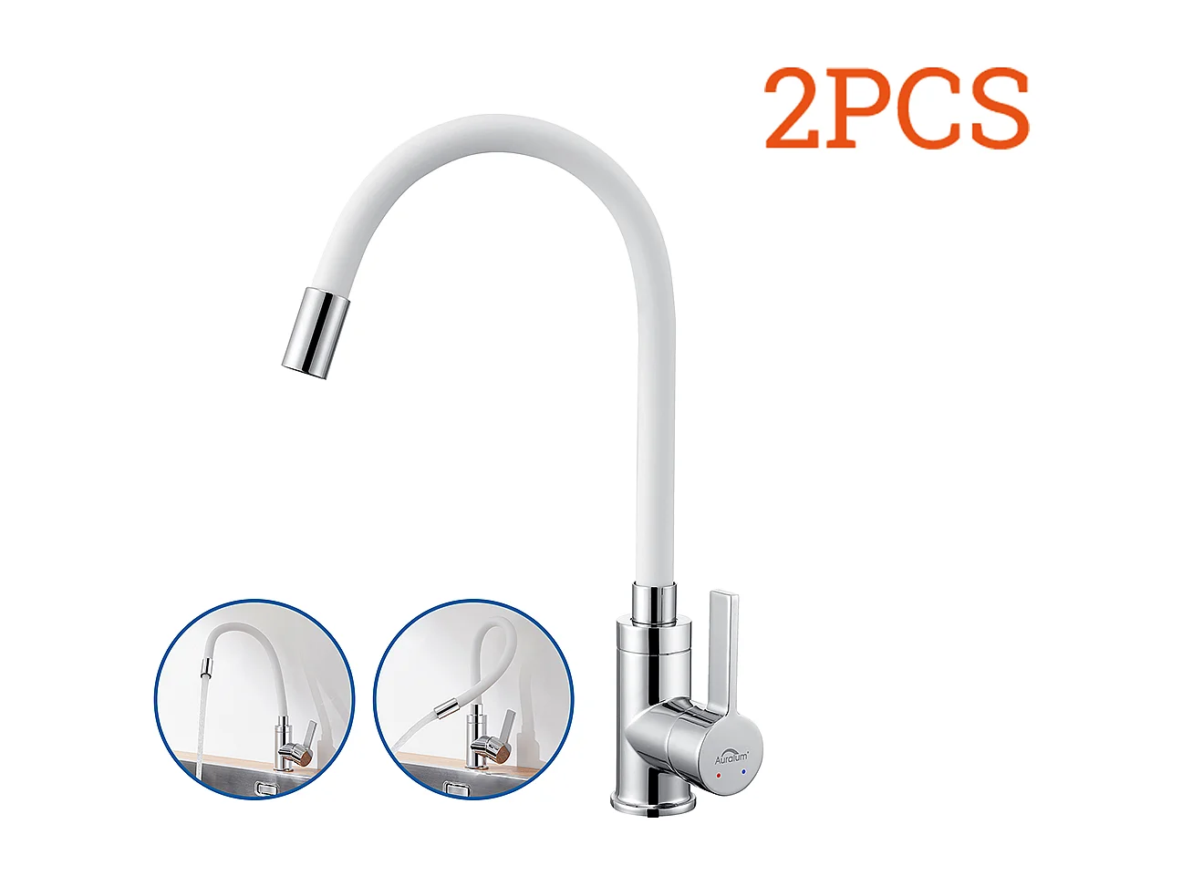 2 Stück Flexibler Küchenhahn mit hohem Schwenkauslauf, frei wählbarer Spültisch-Mischhahn, Messing, Einloch-Spültischhahn, heißes und kaltes Wasser, weiß