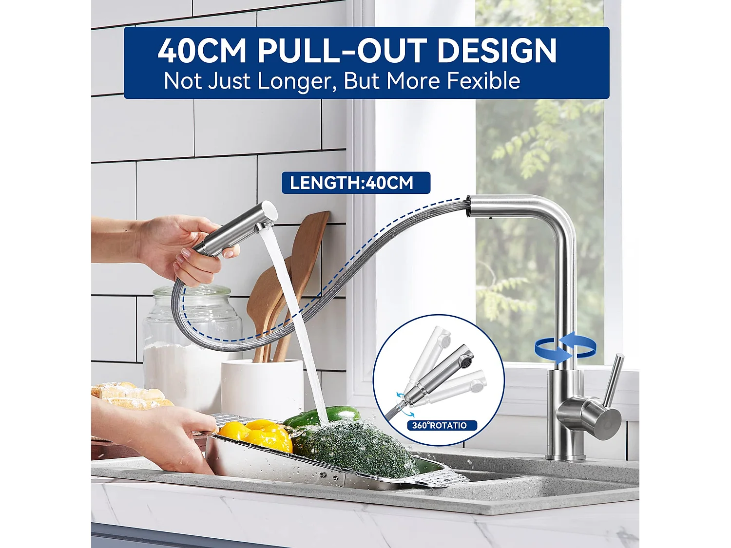 Cecipa max Miscelatore Cucina con Doccia Estraibile Rubinetto Cucina Girevole a 360° Rubinetteria in Acciaio Spazzolato di Alta Qualità, Modello EU