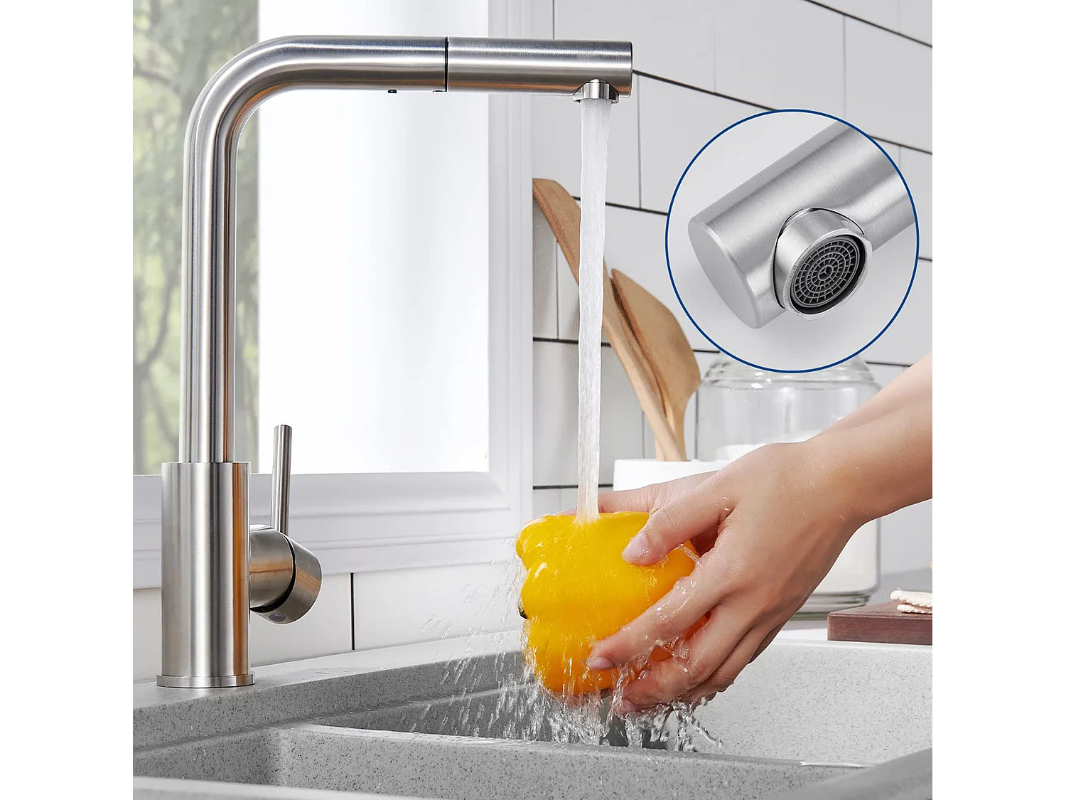 Cecipa max Miscelatore Cucina con Doccia Estraibile Rubinetto Cucina Girevole a 360° Rubinetteria in Acciaio Spazzolato di Alta Qualità, Modello EU