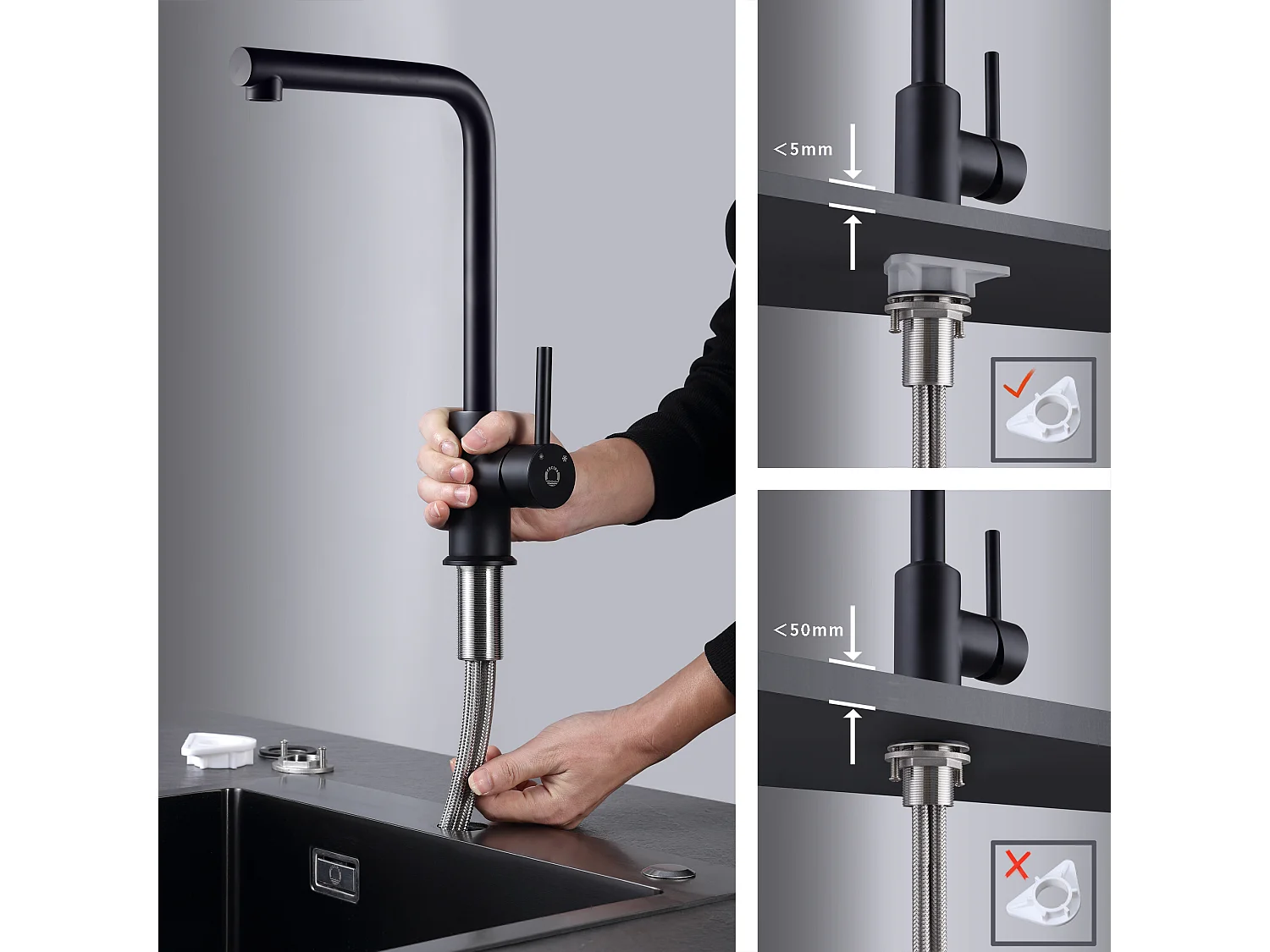 2PCS Cecipa max Mitigeur de cuisine, Robinetterie Noir en Acier Inox, Robinet de cuisine monocommande, rotatif à 360 °,EU Modèle