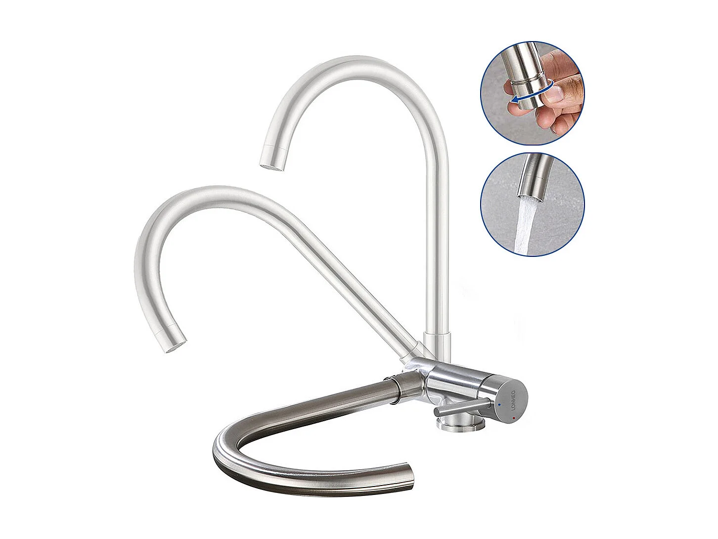 GrifoCocina Plegable Mezclador Fregadero Giratorio 360° Grifería  Inoxidable Cepillado con burbujeable,para Fregadero contra ventana,Modelo UE