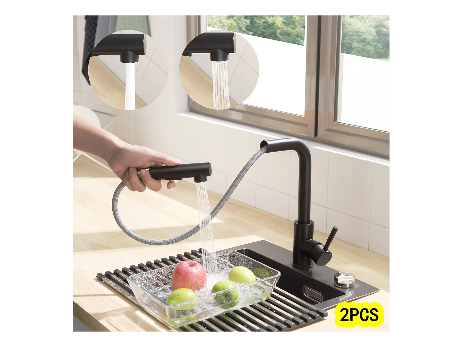 Cecipa max 2PCS Uittrekbare keukenkraan met spray Keukenmengkraan 2 spuitmodi 360° rotatie Zwart, EU-model