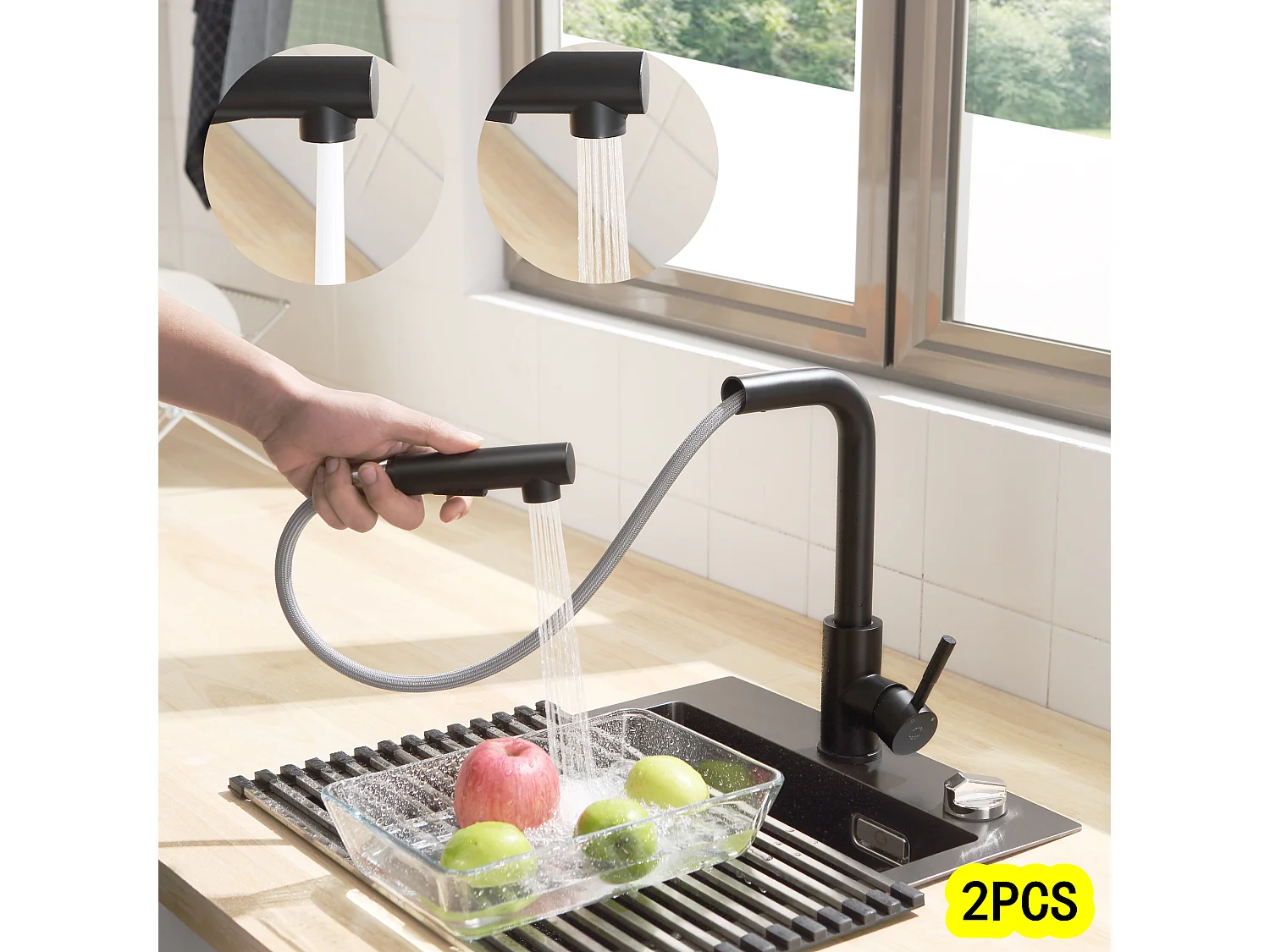 Cecipa max 2PCS Robinet de Cuisine Extractible avec Douchette Mitigeur Cuisine 2 Modes de pulvérisat Rotation à 360° Noir,EU Modèle