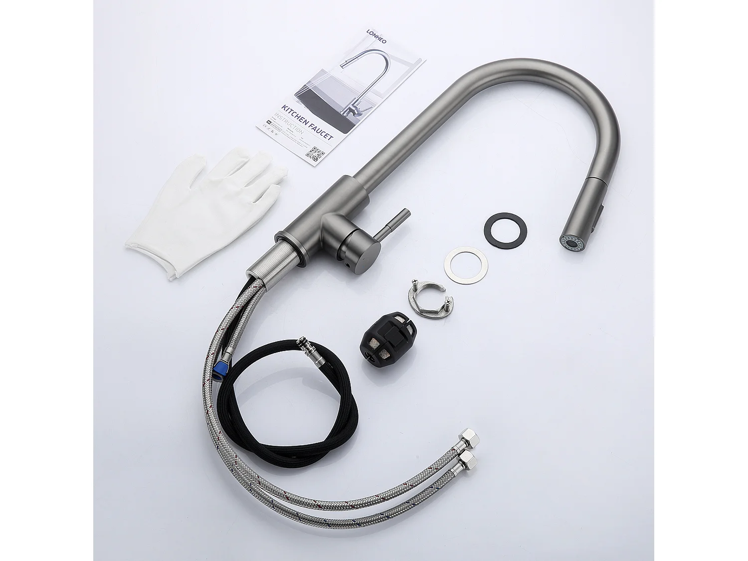 Lonheo Max 2 stks Keukenkraan met Uittrekbare Handdouche Donkergrijs 360 ° Draaibaar Roestvrij Staal Wastafel Keukenmengkraan 2 Functies, EU Model