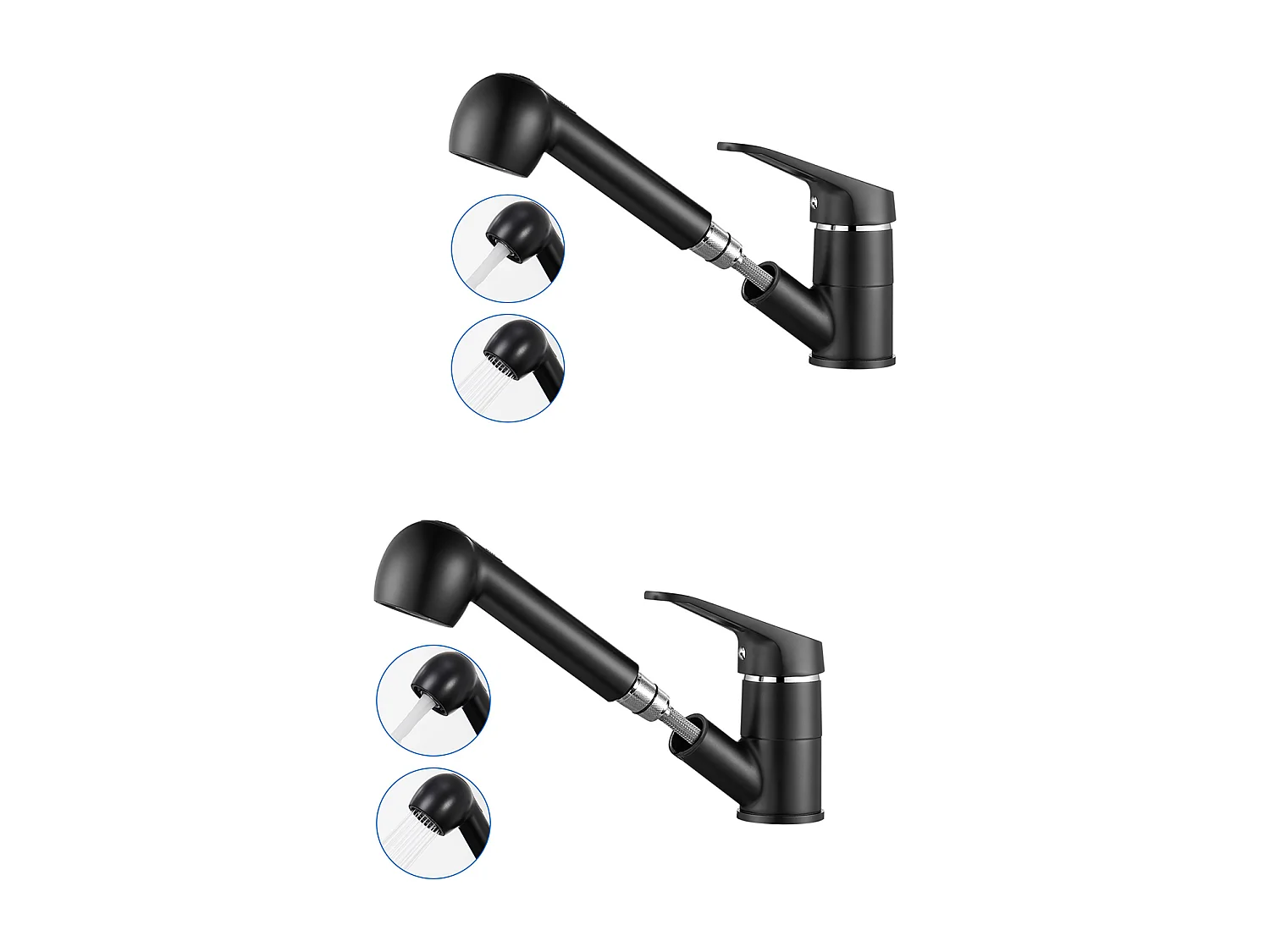 2PCS Miscelatore da Cucina Nero con Doccia Estraibile 2 Getti Rubinetto Lavello a 360° in Ottone Rubinetteria con Monoforo Acqua Fredda/Calda