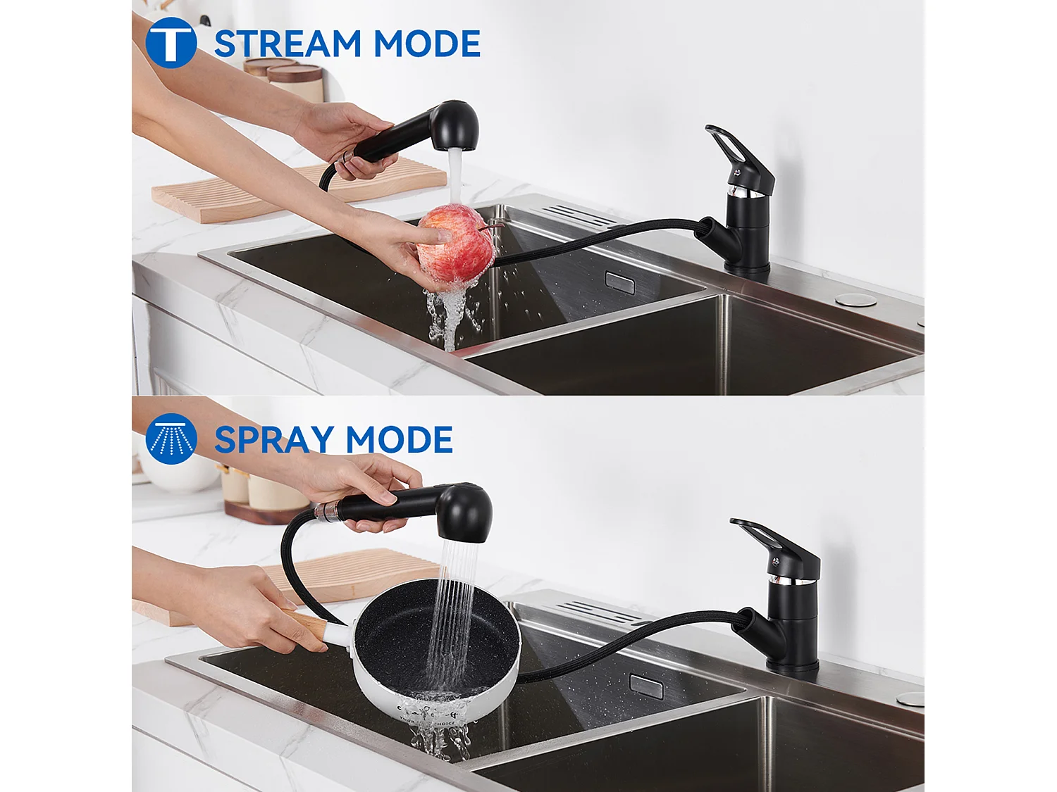 2PCS Miscelatore da Cucina Nero con Doccia Estraibile 2 Getti Rubinetto Lavello a 360° in Ottone Rubinetteria con Monoforo Acqua Fredda/Calda