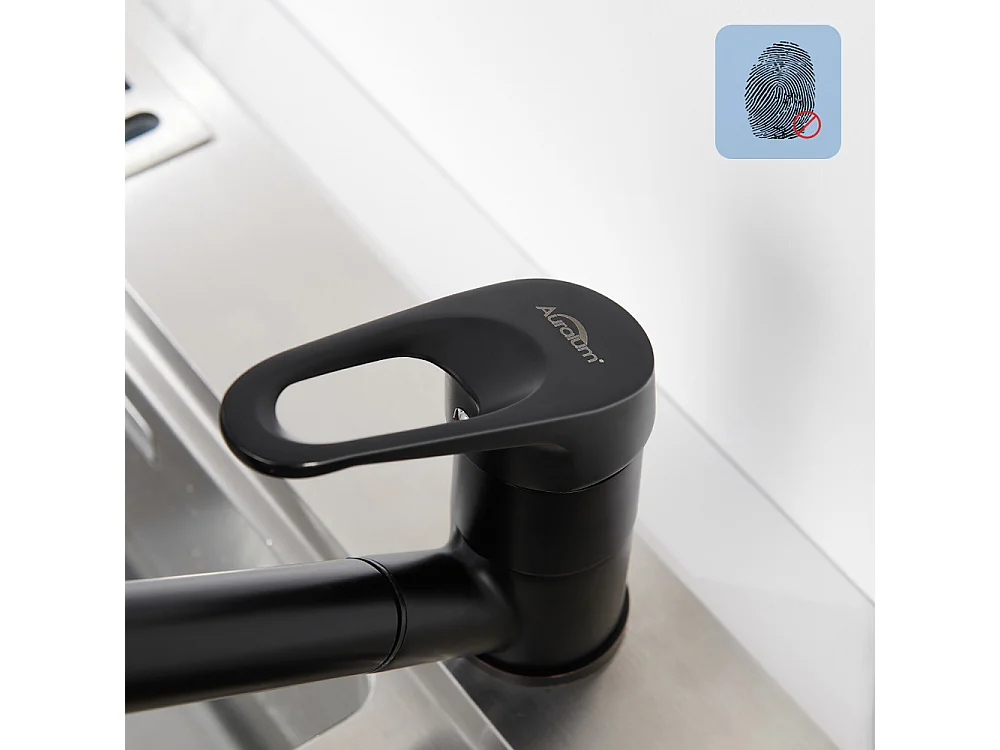 2PCS Miscelatore da Cucina Nero con Doccia Estraibile 2 Getti Rubinetto Lavello a 360° in Ottone Rubinetteria con Monoforo Acqua Fredda/Calda