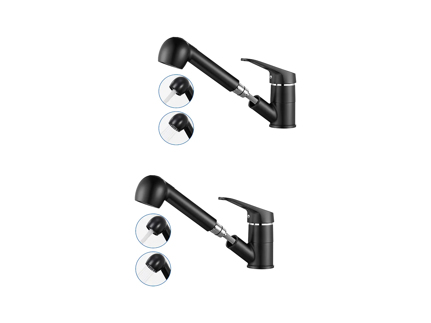 2PCS Mitigeur de Cuisine Noir avec Douchette Extractible 2 Jets Robinet Évier à 360° en Laiton Robinetterie avec Monotrou L'eau Froide/Chaude