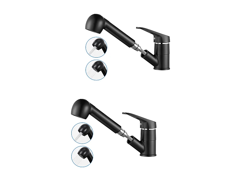 2 STKS Zwart Keukenmengkraan met Uittrekbare Handdouche 2 Jets 360° Wastafelkraan Messing Kranen met Monogat Koud/Warm Water