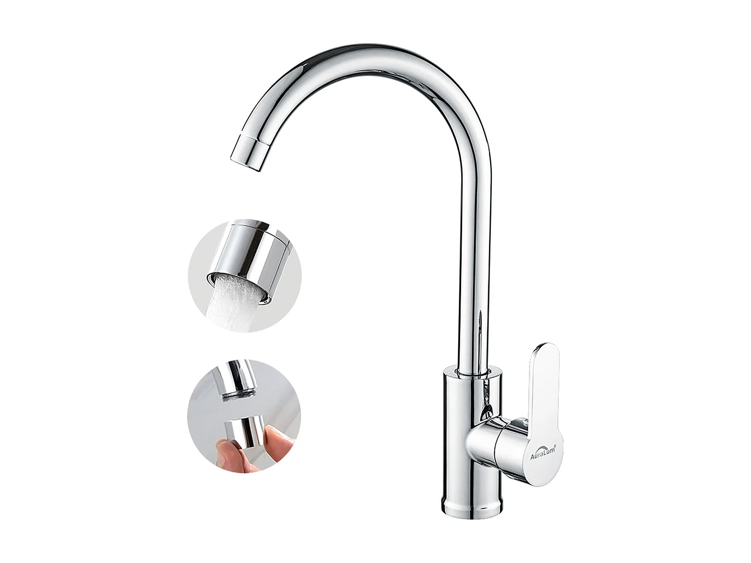 Elégant Mitigeur de Cuisine Chromé,Pivotant à 360° Robinet d'Évier en Laiton avec Eau Chaude/Froide pour Cuisine,Mousseur Démontable