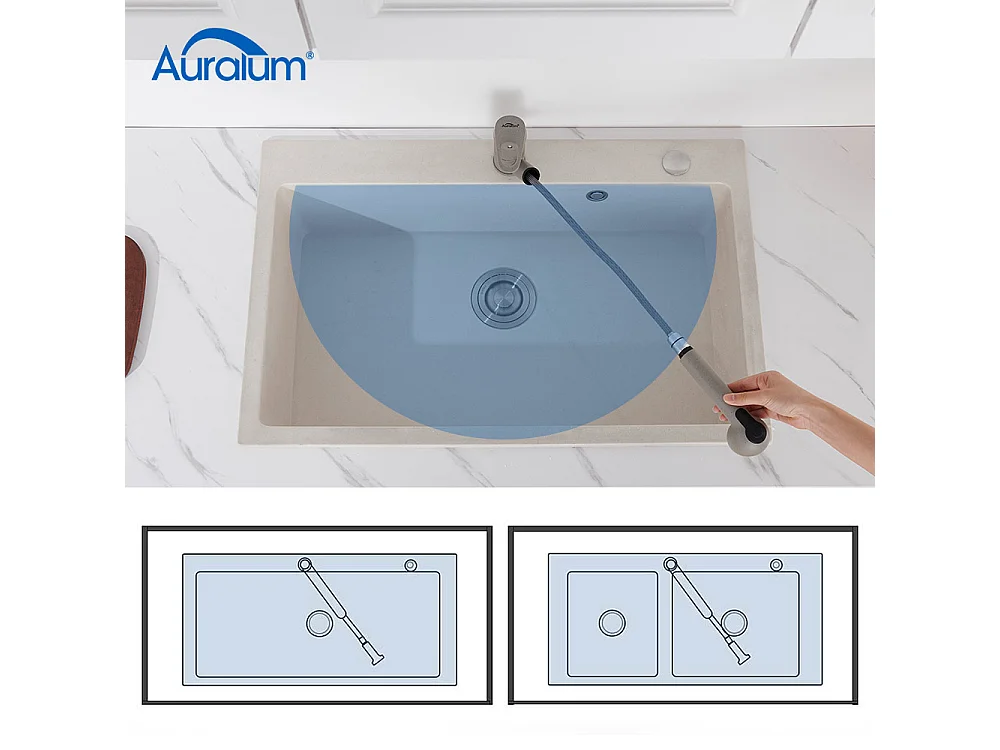 Rubinetto Cucina con Doccia Estraibile 2 Getti Miscelatore Lavello in Ottone Girevole 360° Rubinetti Monoforo Acqua Fredda e Calda,Grigio