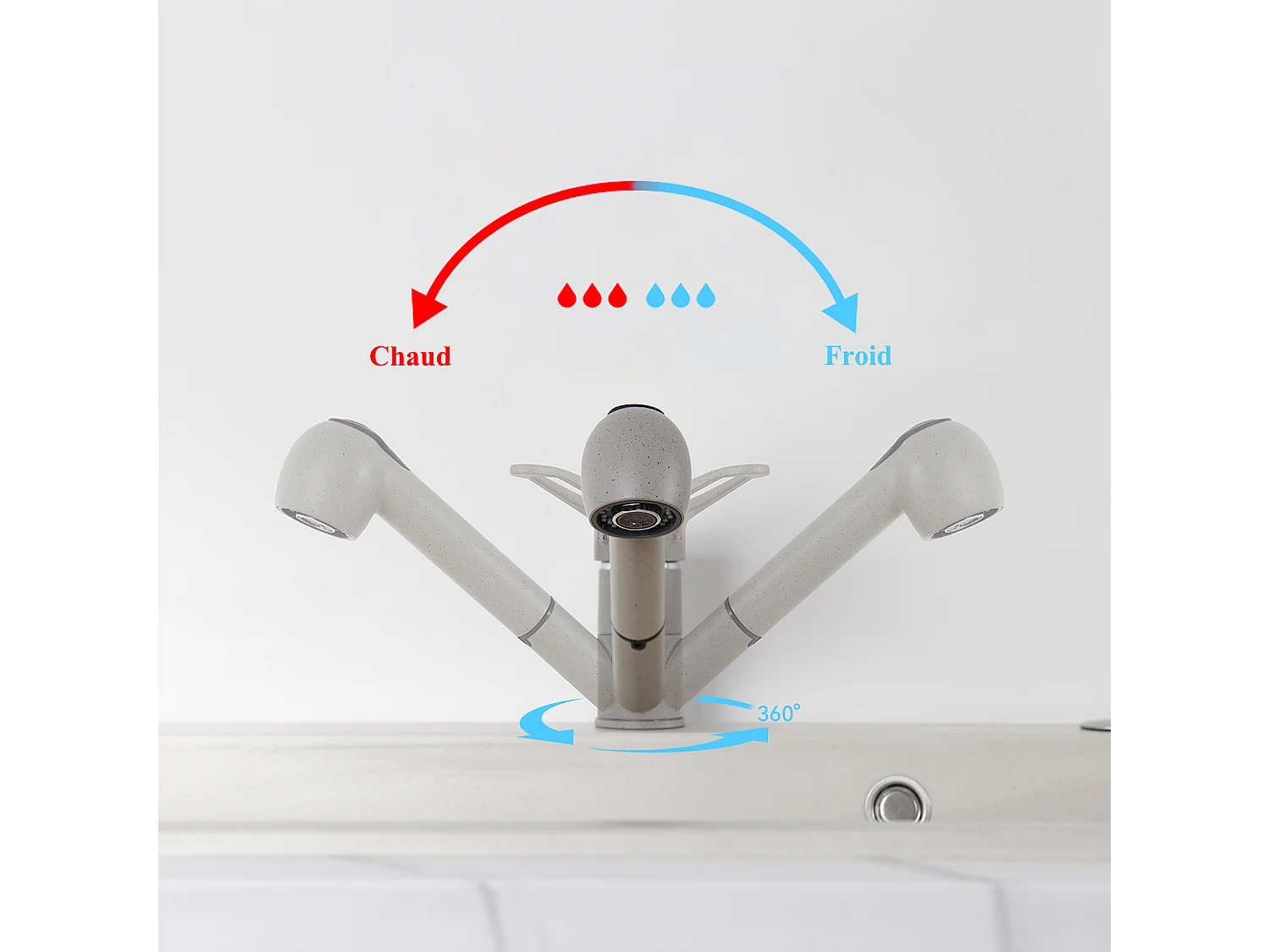 Robinet Cuisine avec Douchette Extractible 2 Jets Mitigeur Evier enLaiton Pivotant 360° Robinetterie Monotrou Eau Froide et Chaude,Gris Granit