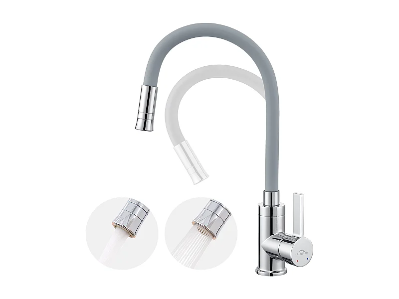 Mitigeur Cuisine Noir Flexible, Robinet Cuisine Rabattable, Robinetterie de Cuisine Pivotant à 360°,Robinet Cuisine avec 2 Types de Jets,Gris