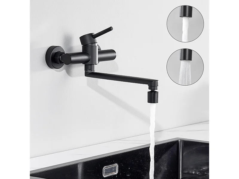 Cecipa max Robinet de Cuisine Mural avec Bec Orientable - Mitigeur d'évier 2 Jets au Choix - Robinetterie Mural Noir Pivotant à 360°,EU Modèle