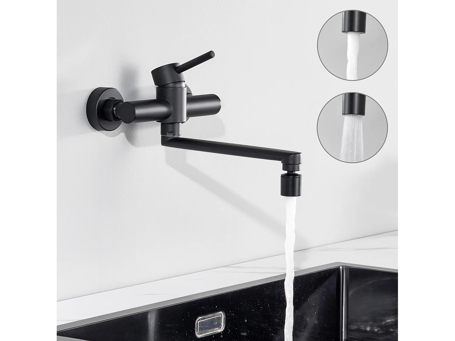 Cecipa max Robinet de Cuisine Mural avec Bec Orientable - Mitigeur d'évier 2 Jets au Choix - Robinetterie Mural Noir Pivotant à 360°,EU Modèle