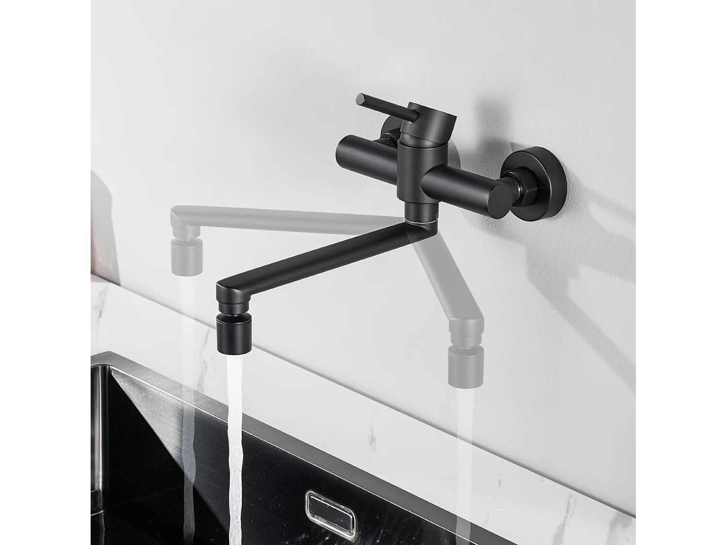 Cecipa max Robinet de Cuisine Mural avec Bec Orientable - Mitigeur d'évier 2 Jets au Choix - Robinetterie Mural Noir Pivotant à 360°,EU Modèle