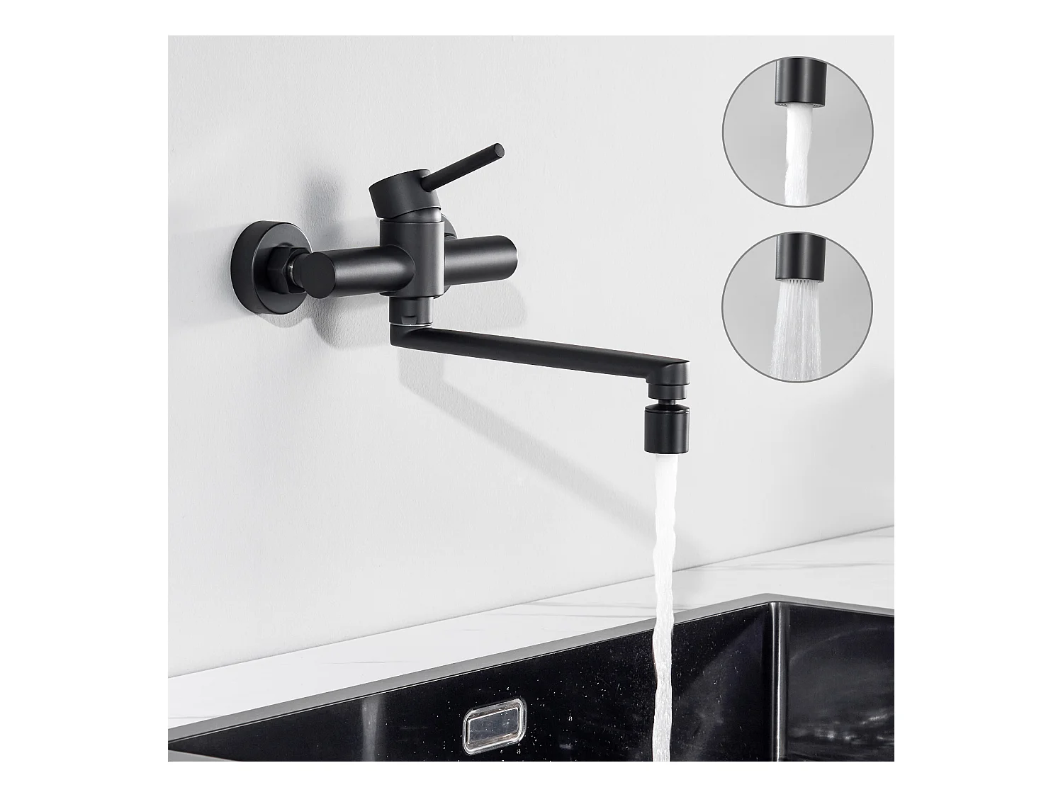 Cecipa max Robinet de Cuisine Mural avec Bec Orientable - Mitigeur d'évier 2 Jets au Choix - Robinetterie Mural Noir Pivotant à 360°,EU Modèle