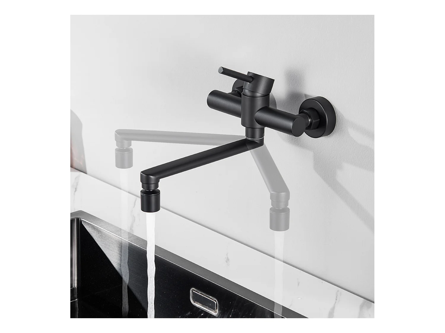 Cecipa max Rubinetto cucina a parete con canna girevole - Miscelatore lavello 2 getti a scelta - Rubinetto a parete nero girevole 360°, modello EU