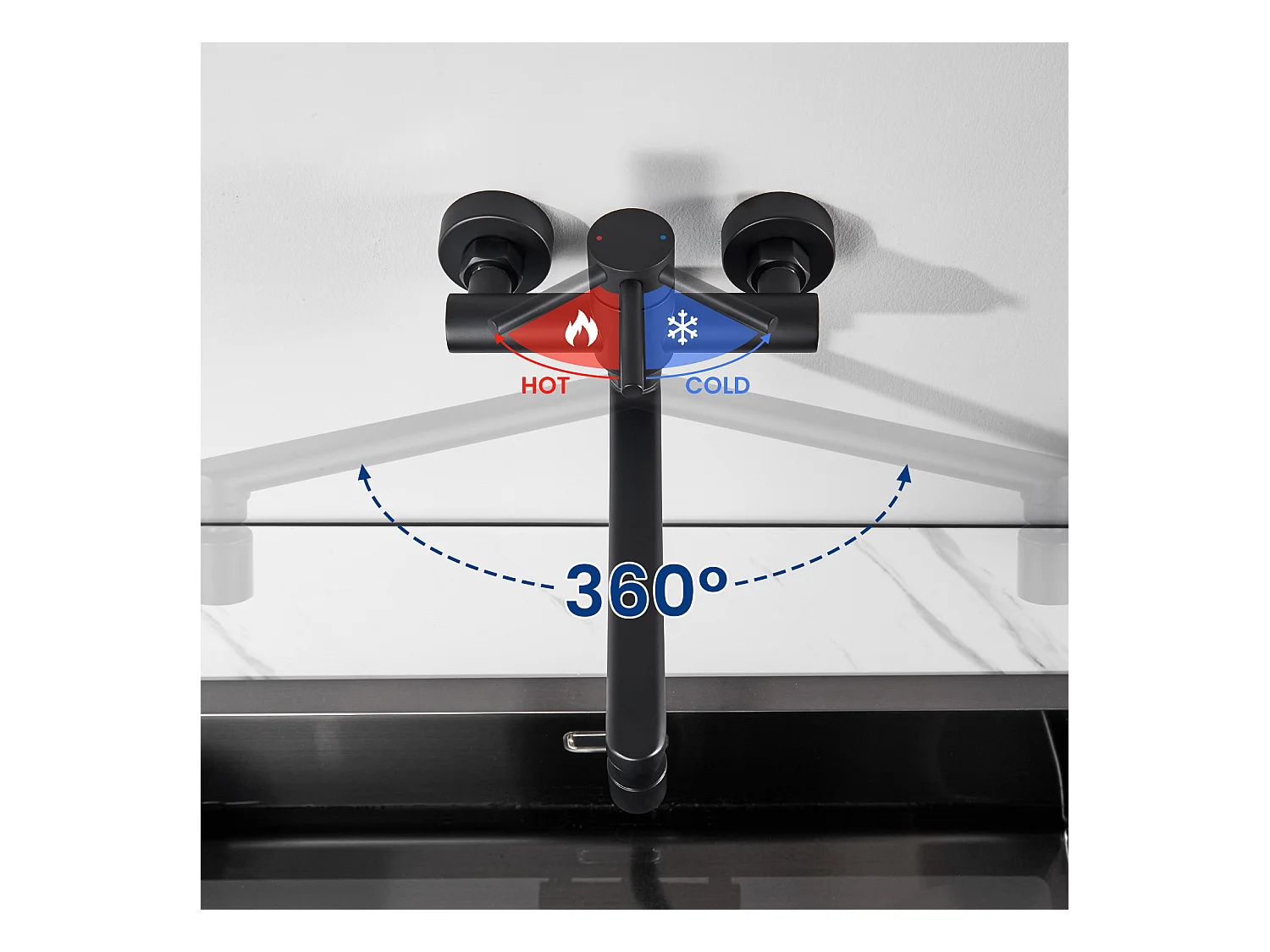 Cecipa max Rubinetto cucina a parete con canna girevole - Miscelatore lavello 2 getti a scelta - Rubinetto a parete nero girevole 360°, modello EU