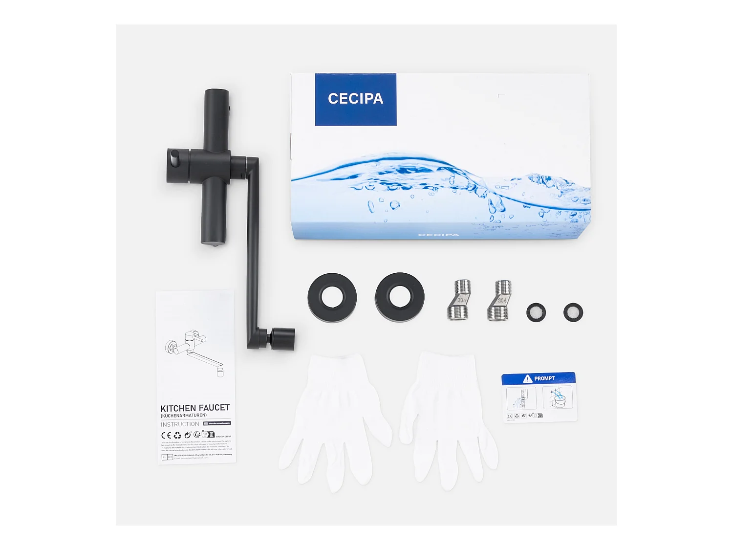 Cecipa max Rubinetto cucina a parete con canna girevole - Miscelatore lavello 2 getti a scelta - Rubinetto a parete nero girevole 360°, modello EU