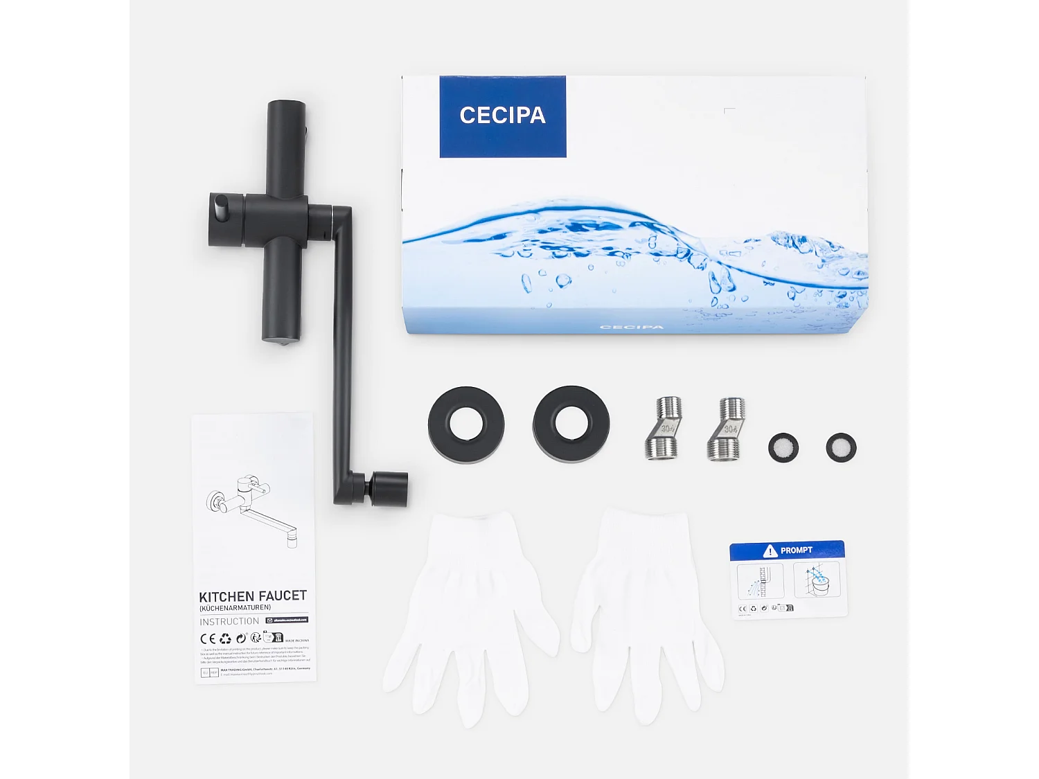 Cecipa max Robinet de Cuisine Mural avec Bec Orientable - Mitigeur d'évier 2 Jets au Choix - Robinetterie Mural Noir Pivotant à 360°,EU Modèle