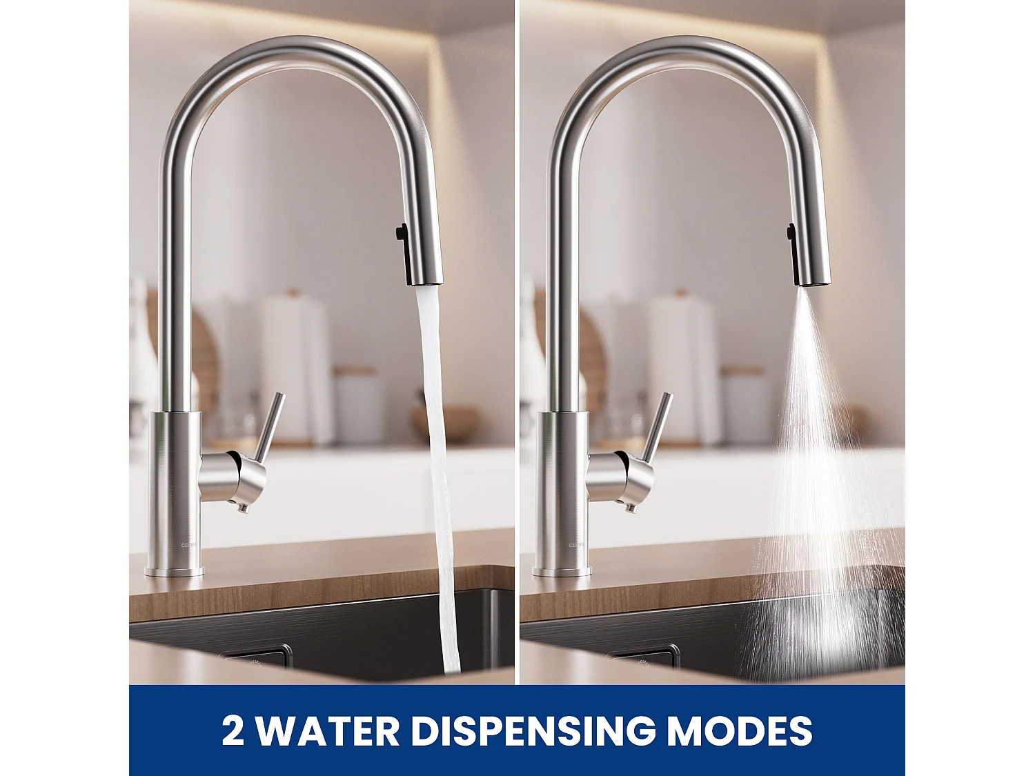 2PCS CECIPA MAX Brossé Mitigeur de Cuisine avec Douchette Extractible - Robinet de Evier Avec 2 modes de sortie d'eau - Pivotant à 360°