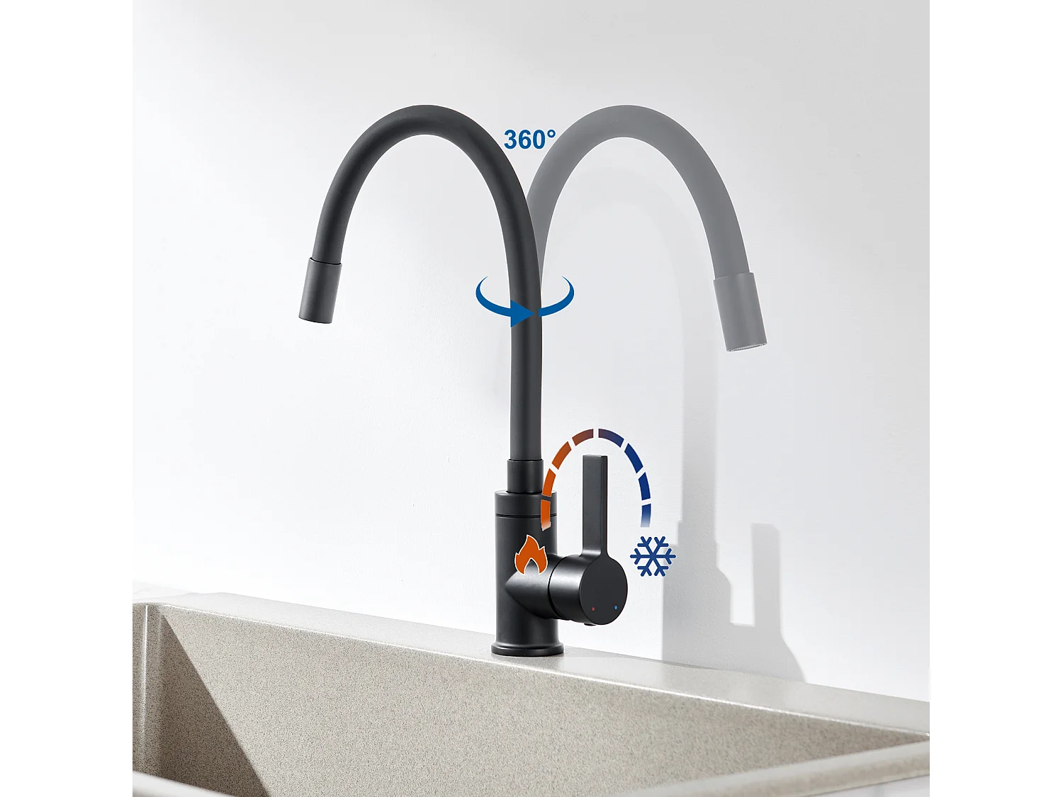 2st Keukenmengkraan Flexibele Uitsprek Hoge Uitstuk Vrij Draaibaar Wastafel Mengkraan Flexibel PivotAnt 360° Wastafelkraan Warm/Koud Water,Zwart