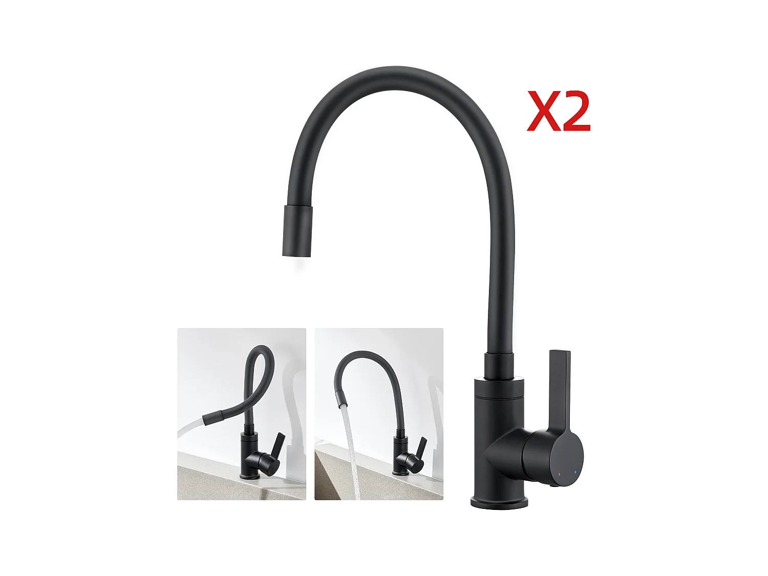 2pcs Mitigeur Cuisine Flexible Bec Haut Orientable Librement Mitigeur Évier Flexible Pivotant 360° Robinet Evier Eau Chaude/Froide,Noir