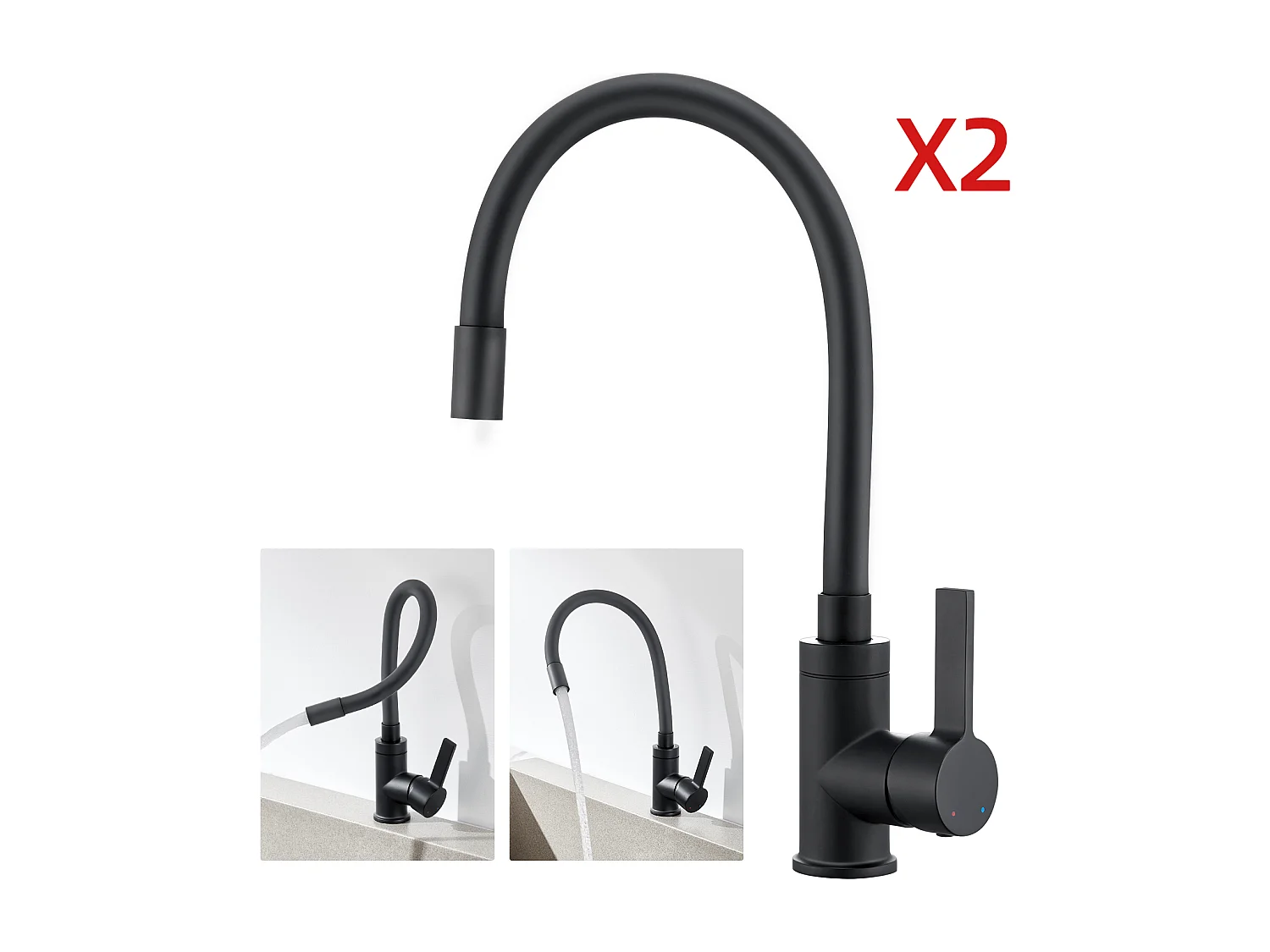 2pcs Mitigeur Cuisine Flexible Bec Haut Orientable Librement Mitigeur Évier Flexible Pivotant 360° Robinet Evier Eau Chaude/Froide,Noir