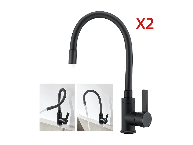 2pcs Mitigeur Cuisine Flexible Bec Haut Orientable Librement Mitigeur Évier Flexible Pivotant 360° Robinet Evier Eau Chaude/Froide,Noir