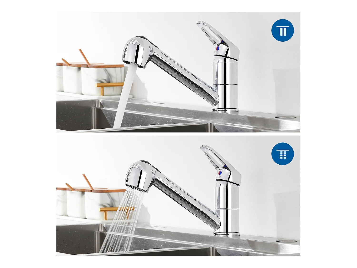 AuraLum Max Robinet Cuisine avec Douchette Extractible 2 Jets Mitigeur Evier en Inox Chromé Pivotant 360° Robinetterie Eau Froide et Chaude,EU Modèle