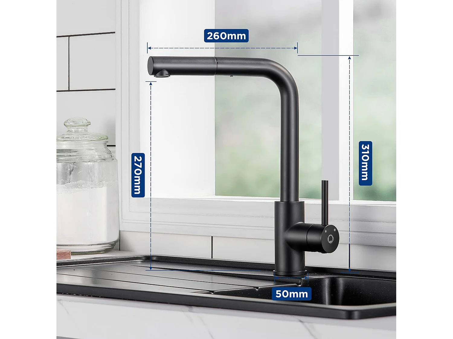 2PCS Mitigeur Cuisine Noir Douchette Robinet Douchette d'évier Extractible Mitigeur Evier Bec Haut Pivotant à 360° Acier Inox Barboteur Démotable