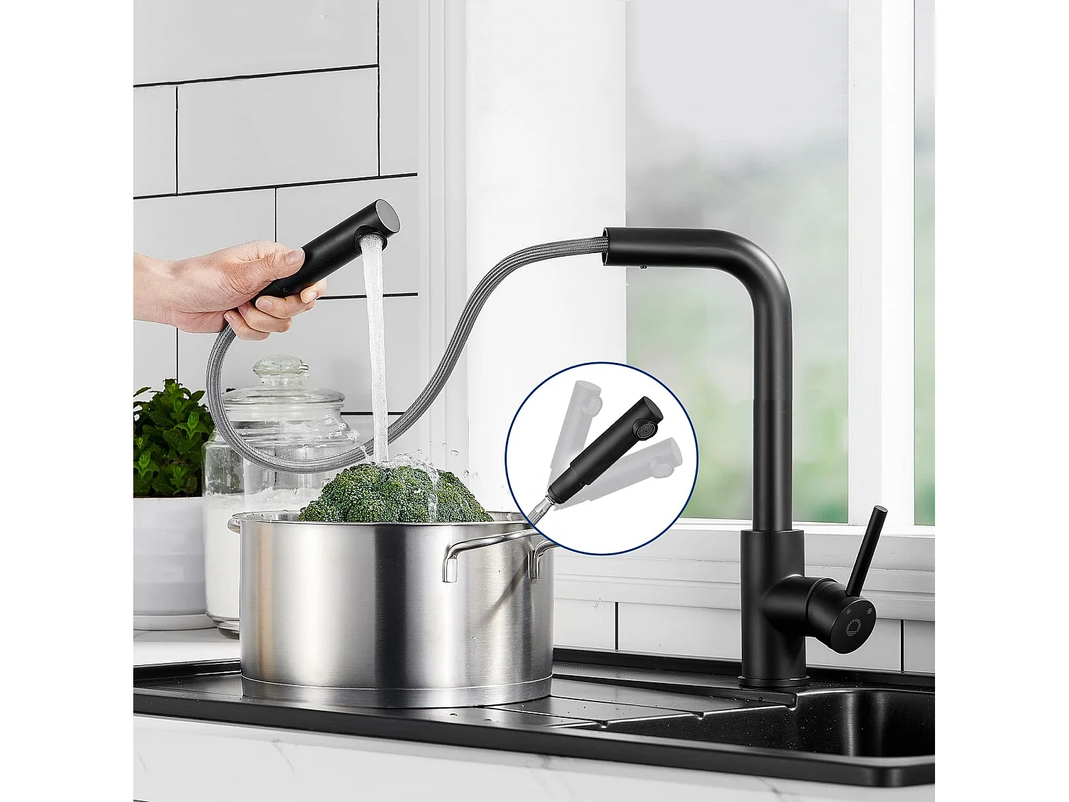 2PCS Mitigeur Cuisine Noir Douchette Robinet Douchette d'évier Extractible Mitigeur Evier Bec Haut Pivotant à 360° Acier Inox Barboteur Démotable