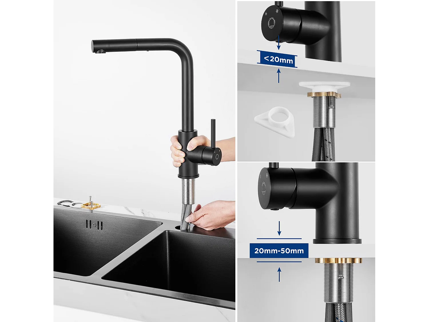 2PCS Mitigeur Cuisine Noir Douchette Robinet Douchette d'évier Extractible Mitigeur Evier Bec Haut Pivotant à 360° Acier Inox Barboteur Démotable