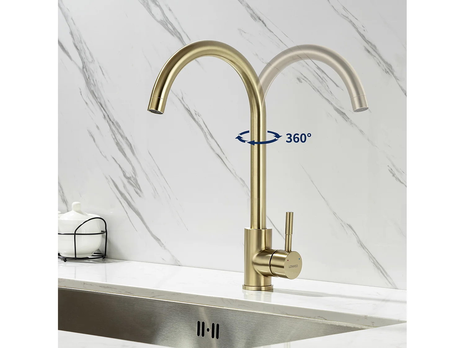 2pcs Robinet Cuisine, Mitigeur Evier Flexible Rotatif à 360°, Mitigeur Cuisine Acier Inoxydable avec Aérateur Démontable, Doré Brossé U-Forme