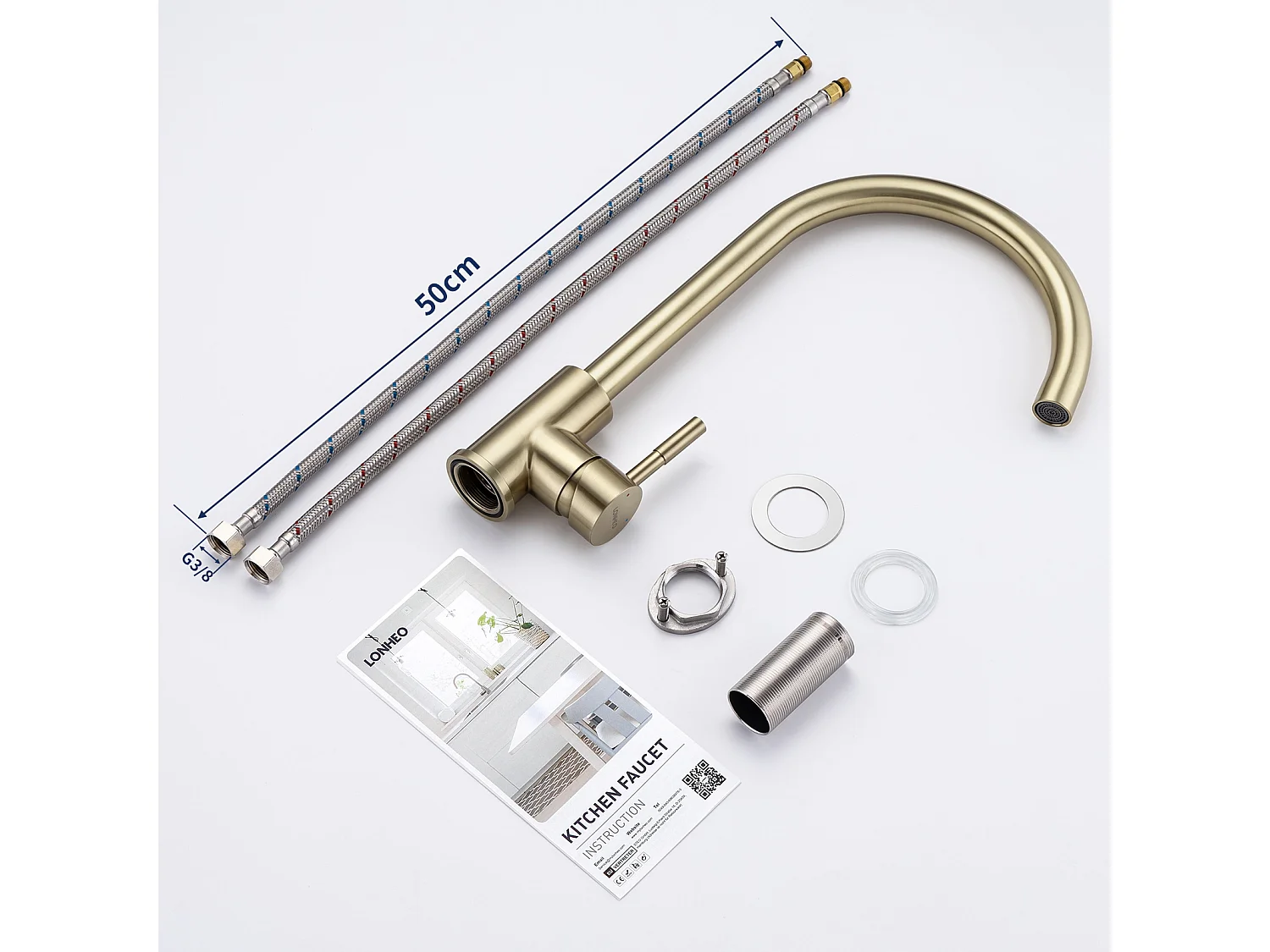 2pcs Robinet Cuisine, Mitigeur Evier Flexible Rotatif à 360°, Mitigeur Cuisine Acier Inoxydable avec Aérateur Démontable, Doré Brossé U-Forme