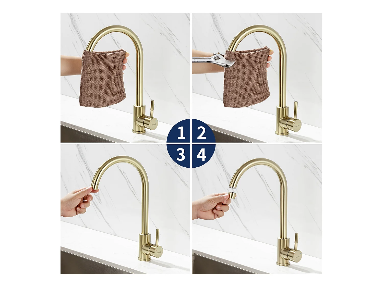 2pcs Grifo Cocina,Mezclador Fregadero Flexible Rotativo 360°, Mezclador Cocina AceroInoxidable con Aireador Desmontable,Dorado Cepillado