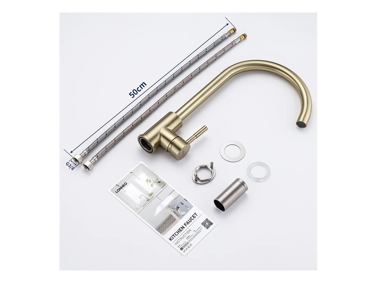 2pcs Grifo Cocina,Mezclador Fregadero Flexible Rotativo 360°, Mezclador Cocina AceroInoxidable con Aireador Desmontable,Dorado Cepillado