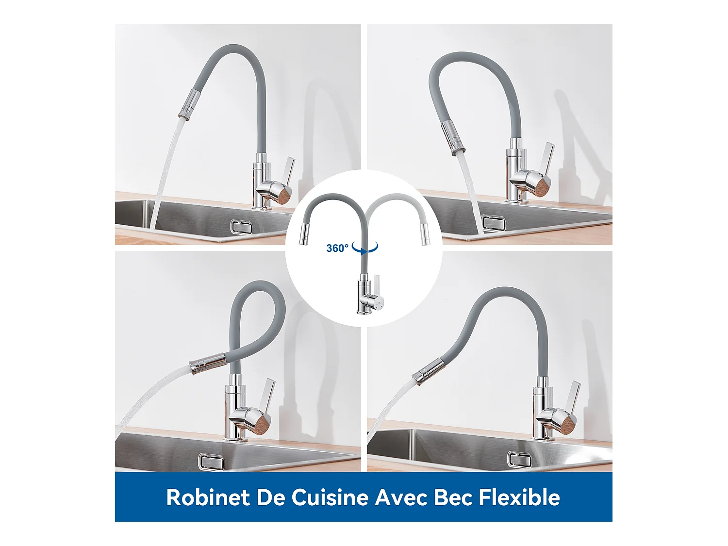 2pcs Auralum max Mezclador Cocina con Manguera De Silicona Flexible Deformable Grifo Fregadero con 2 Tipos Jets,Grifería Cocina giratoria 360°-Gris