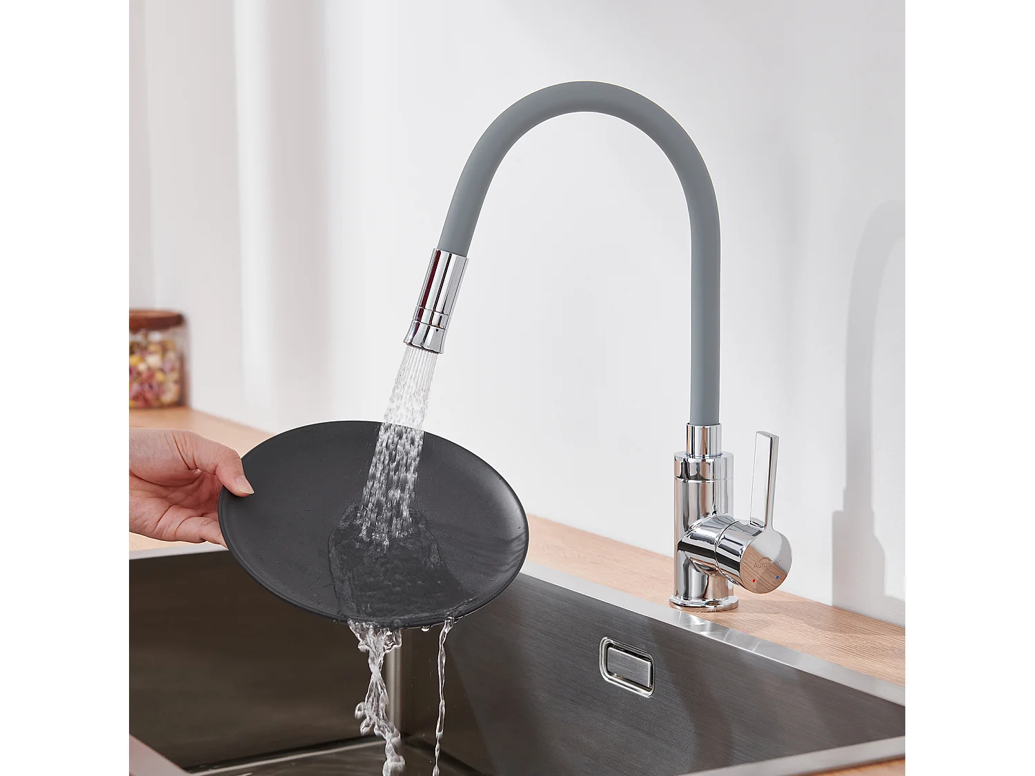 2pcs Auralum max Mezclador Cocina con Manguera De Silicona Flexible Deformable Grifo Fregadero con 2 Tipos Jets,Grifería Cocina giratoria 360°-Gris