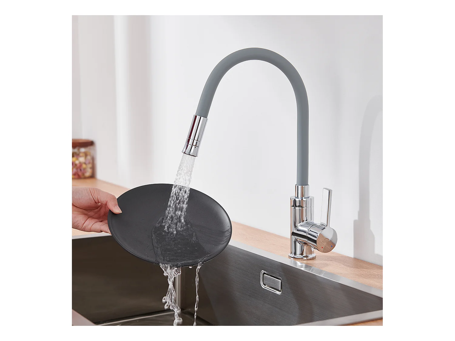 2pcs Auralum max Miscelatore da cucina con tubo in silicone flessibile deformabile Rubinetto per lavello con 2 tipi di getti,girevole a 360°-Grigio