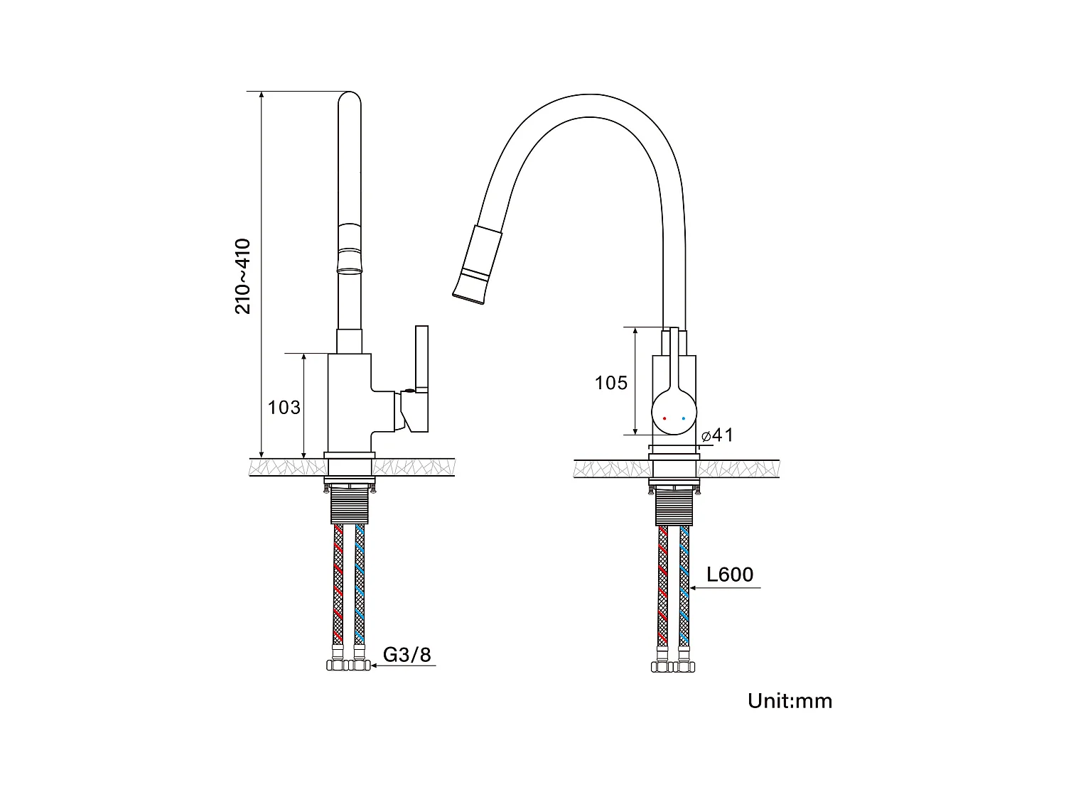 2pcs Auralum max Miscelatore da cucina con tubo in silicone flessibile deformabile Rubinetto per lavello con 2 tipi di getti,girevole a 360°-Grigio
