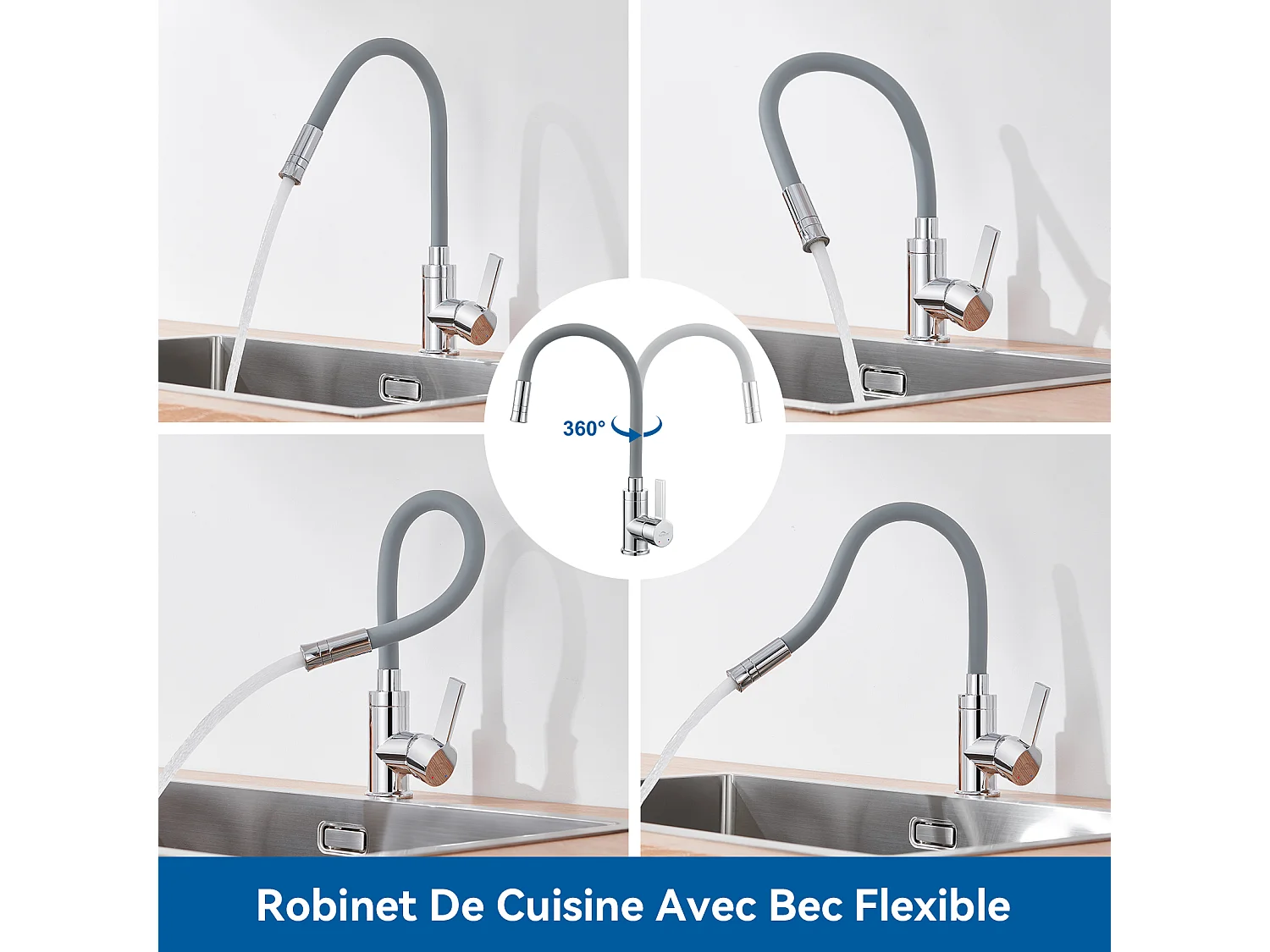 2pcs Auralummax Mitigeur Cuisine avec Tuyau En Silicone Flexible Déformable Robinet d'Evier avec 2 Types Jets,Robinetterie Cuisine pivotant 360°-Gris