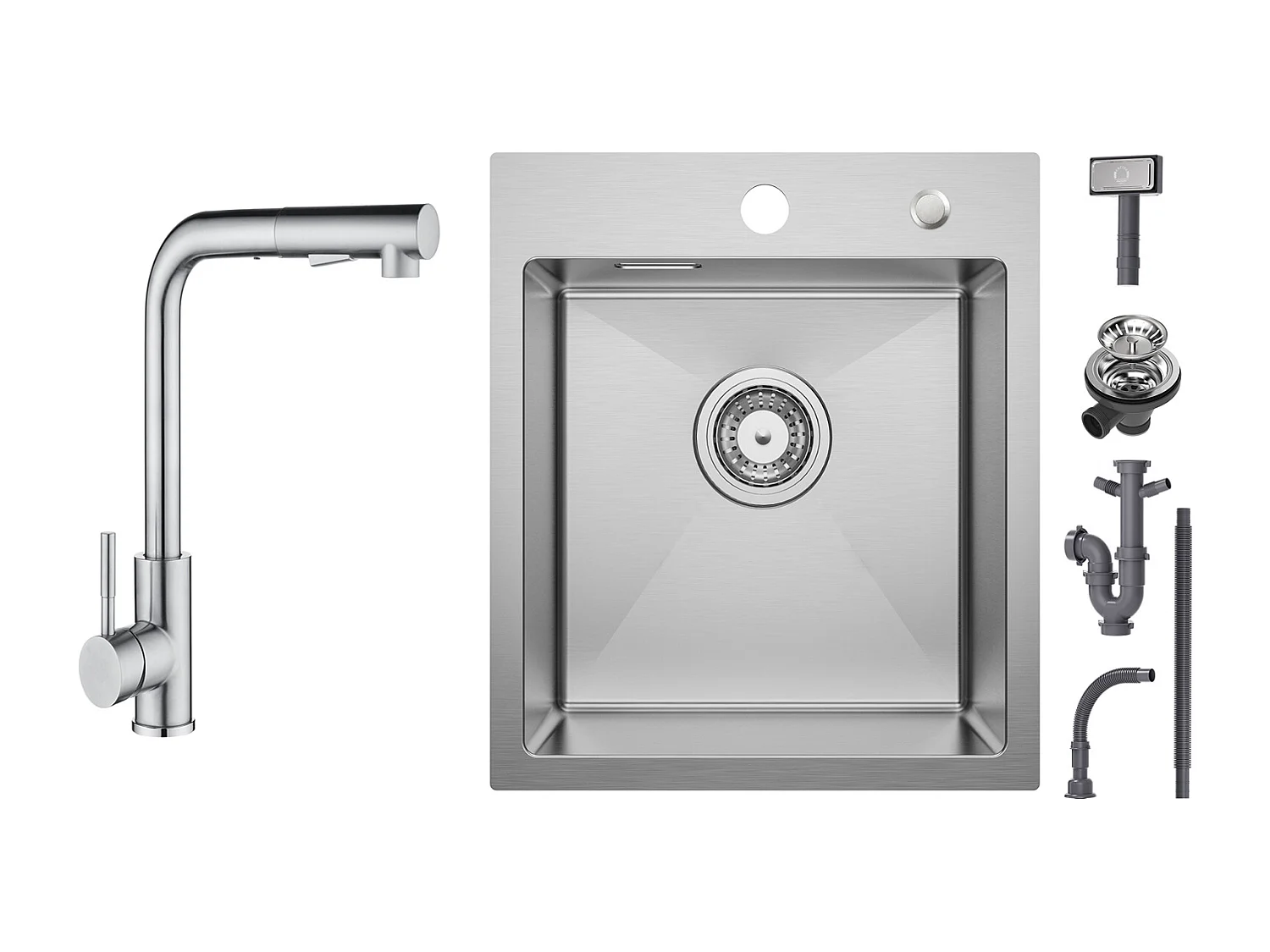 Cecipa max Fregadero de Cocina 1 Seno 40×45 cm Fregadero de Acero Inoxidable Cepillado 1 Seno + Mezclador de Cocina Cepillado con Ducha Extraíble - 2 Jets a Elegir