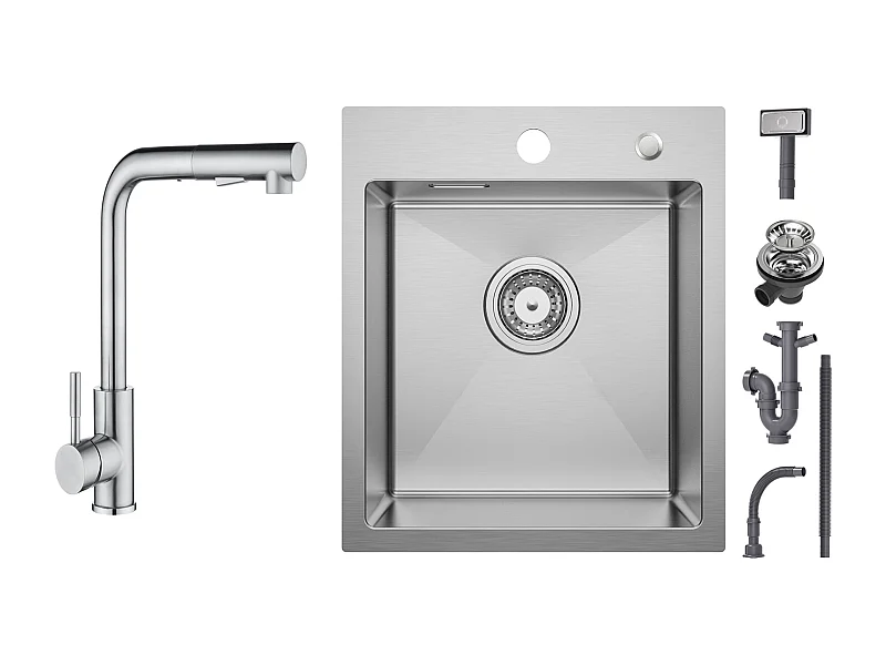 Cecipa max Küchenspüle 1 Becken 40 × 45 cm Edelstahl gebürstet Spüle 1 Becken + Küchenarmatur gebürstet mit ausziehbarer Brause - 2 Düsen zur Auswahl