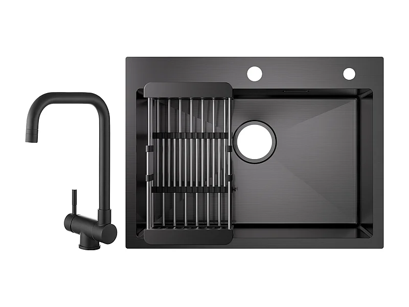 Cecipa max Évier 1 Bac Inox avec Panier de Drainage - Évier Cuisine Noir 60×45×18 cm + Cuisine Rabattable Robinet Pliable Mitigeur Sous Fenêtre Noir