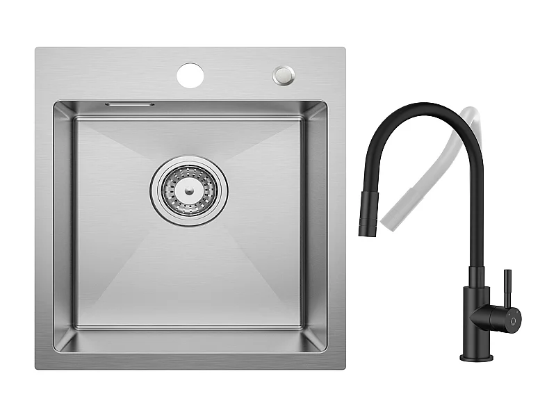 1 Becken Küchenspüle 40 × 45 cm Edelstahlspüle Gebürstet Einbauspüle + Flexible Küchenmischbatterie, 2 Düsenarten Schwarz Ausziehbarer Wasserhahn